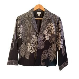 Chicos Blk&Silver Floral Jacquard Open Blazer sz 1